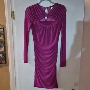 VENUS Purple Long Sleeve Bodycon Dress with Pleated Ruched Details